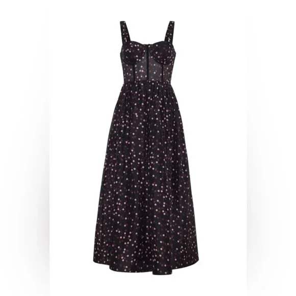 NEW Cara Cara Pheobe Midi Linen Silk Dress Stamped Dot Black US 6 UK 10 - Picture 4 of 16